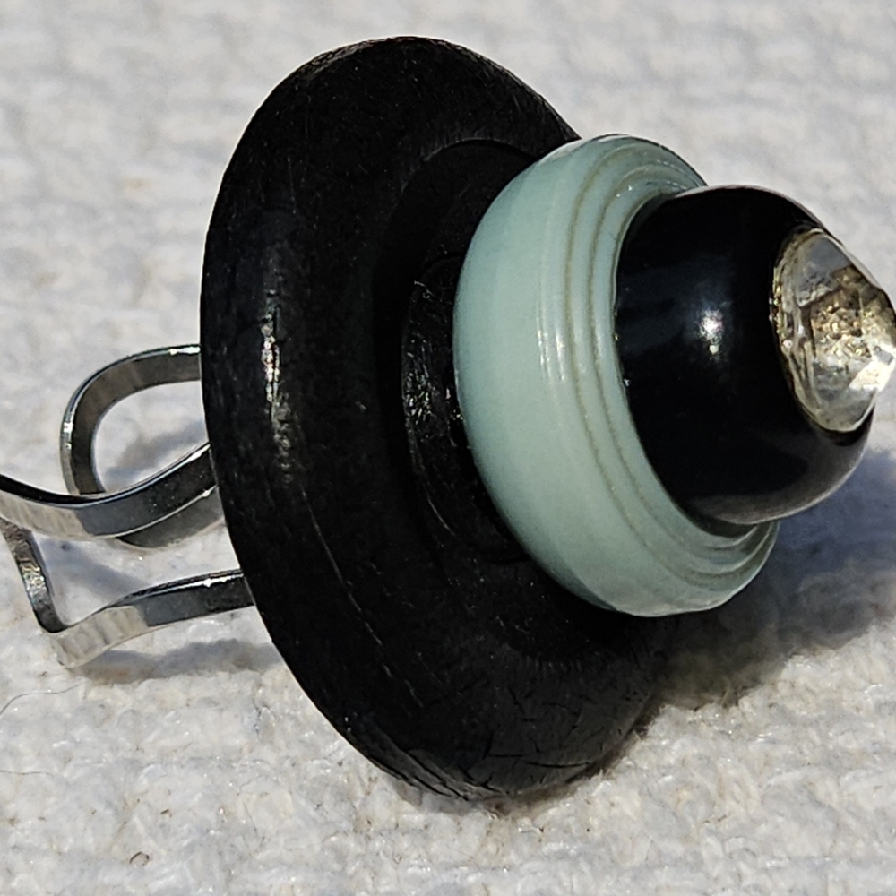 *Show stopper Button Ring - 1940's aqua glass, rhinestone ring* FREE SHIPPING